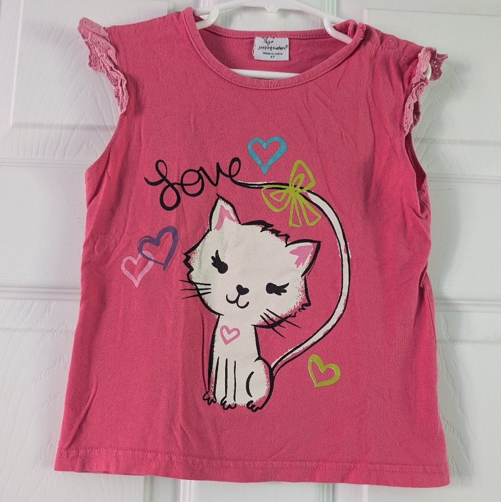 Pink Short Sleeve Tee with Cartoon Cat and Heart Design